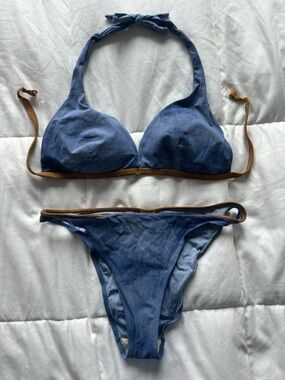 Ekra Blue Halter Bikini Set with Brown Trim Y2K Women’s Small 34C